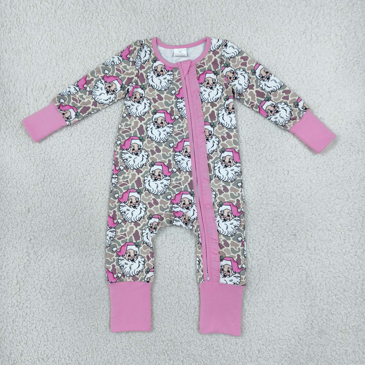 NO MOQ RTS LR3305 Baby Girl Clothes Santa Cow Camo Mixed Print Long Sleeve Zipper Ruffle Sleeper Romper 202610