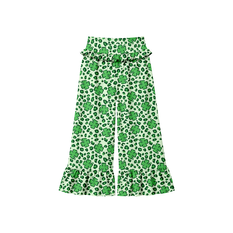 Preorder (moq 5) Baby Girl Clothes St Patricks Green Clover Leopard Print Ruffle High Waist Flare Pant