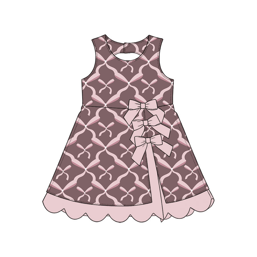 Preorder (moq 5) Baby Girl Clothes Brown Base Pink Bow Geometric Print Sleeveless Dress With Bows Scalloped Hem