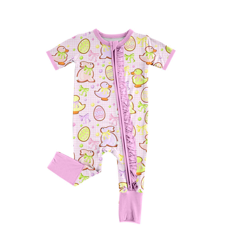Preorder (moq 5) Baby Girl Clothes Easter Bunny Duck Egg Gingham Print Short Sleeve Zipper Ruffle Baby Jumpsuit