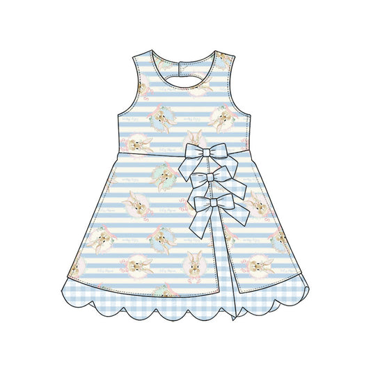 Preorder (moq 5) Baby Girl Clothes Easter Bunny Blue White Stripe Print Sleeveless Dress With Plaid Bow