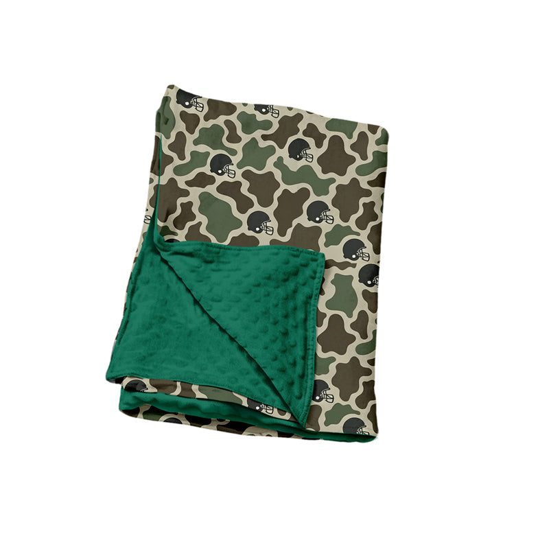 Preorder (moq 5) Baby Boy Clothes Dark Green Retro Cow Camo Football Helmet Print Minky Dot Baby Blanket
