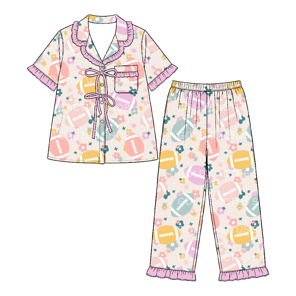 Preorder (moq 5) Baby Girl Clothes Pastel Color Football Tiny Flower Print Short Sleeve Ruffle Pajama Set