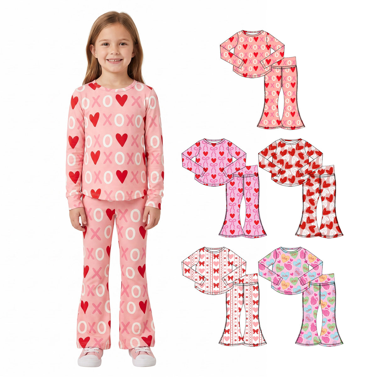 Preorder (moq 5) Baby Girl Clothes Valentines Sketch Heart Print Long Sleeve Flare Pant Set