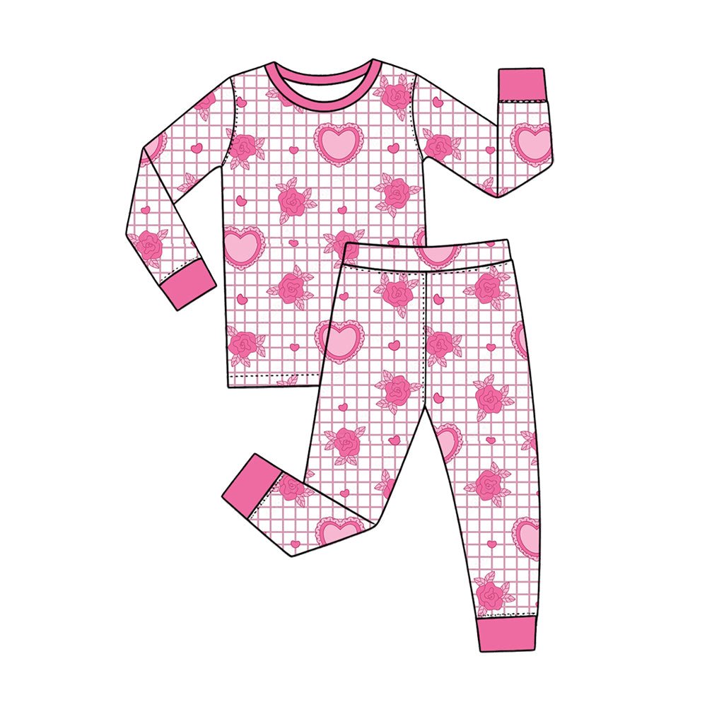 Preorder (moq 5) Baby Girl Clothes Valentine Grid Rose Heart Print Long Sleeve Pajama Set