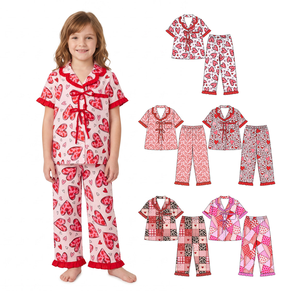 Preorder (moq 5) Baby Girl Clothes Valentine Leopard Big Heart Print Short Sleeve Ruffle Pajama Set