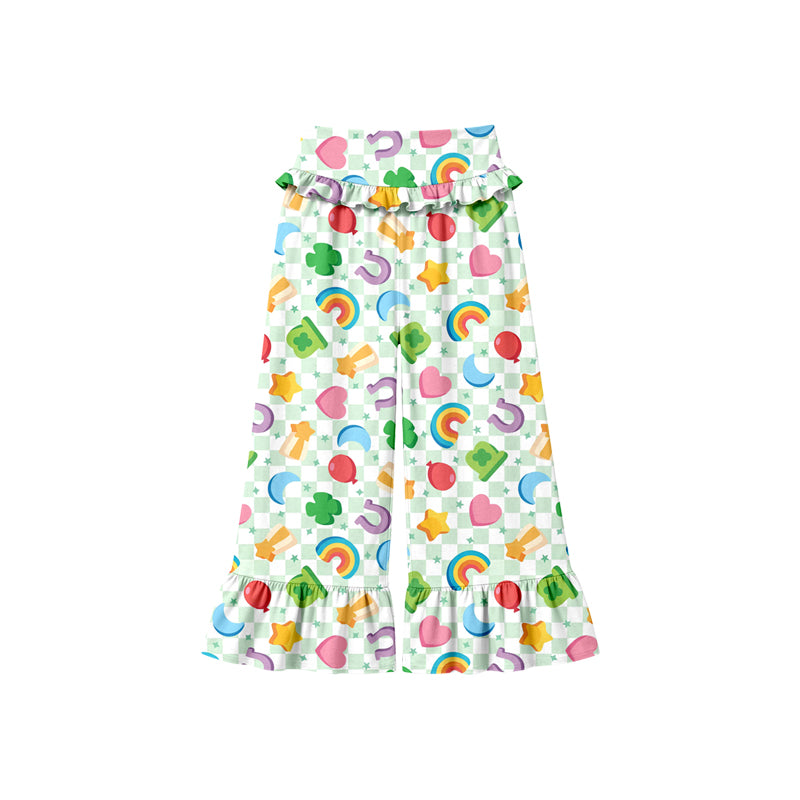 Preorder (moq 5) Baby Girl Clothes St Patricks Rainbow Clover Check Print Ruffle High Waist Flare Pant