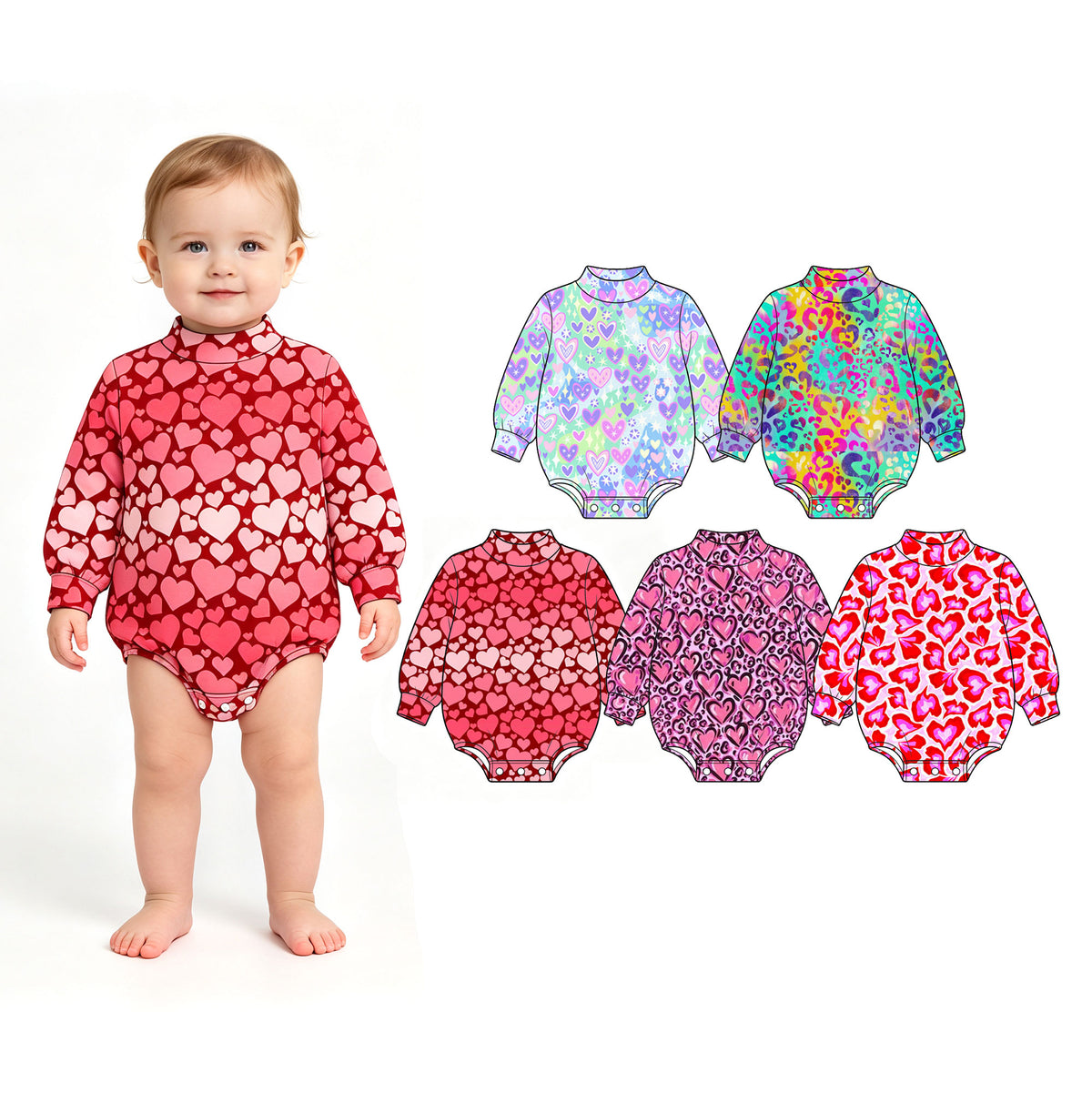 Preorder (moq 5) Baby Girl Clothes Valentine Rainbow Leopard Heart Print Long Sleeve Bubble Romper