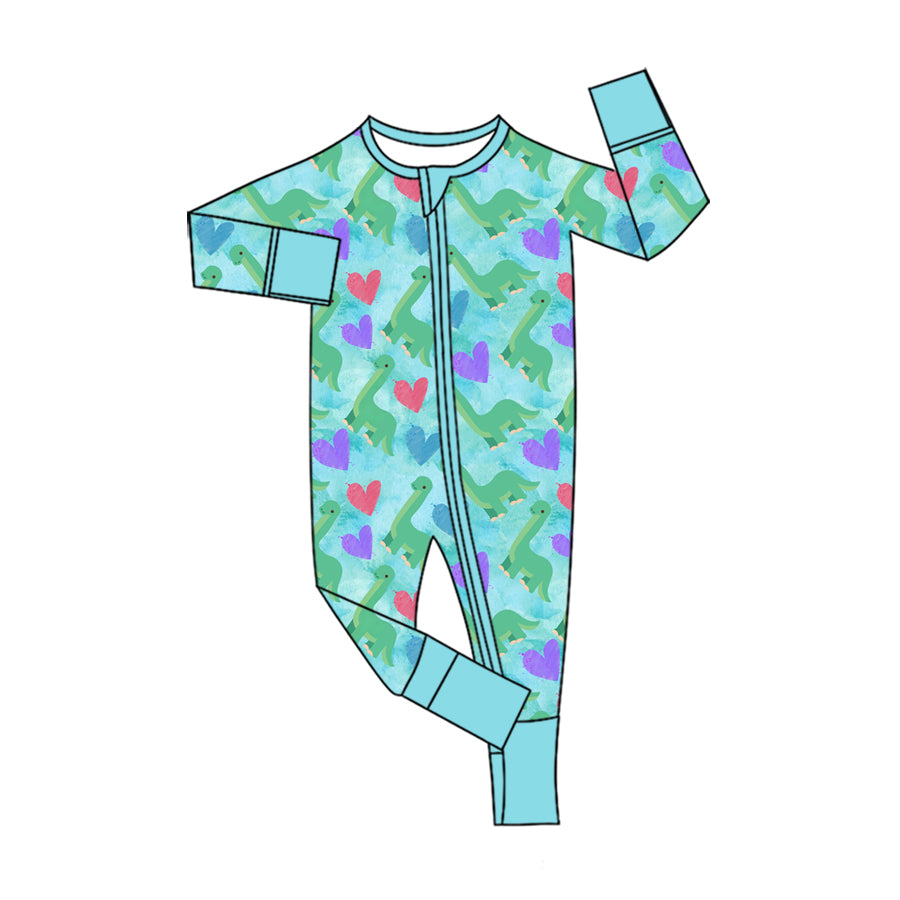 Preorder (moq 5) Baby Girl Clothes Dinosaur Heart Watercolor Print Long Sleeve Zipper Romper Jumpsuit