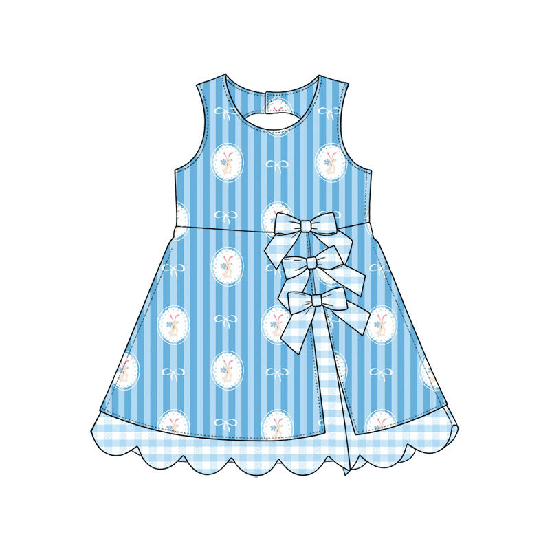 Preorder (moq 5) Baby Girl Clothes Easter Bunny Bow Blue Stripe Print Sleeveless Dress With Plaid Bow