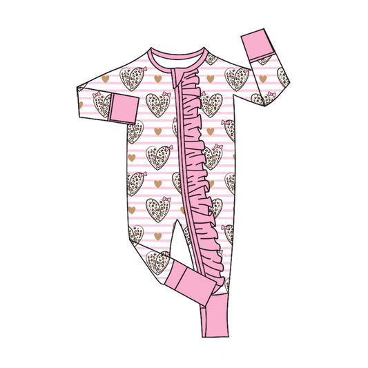 Preorder (moq 5) Baby Girl Clothes Pink Stripe Leopard Heart Print Long Sleeve Ruffle Zipper Jumpsuit