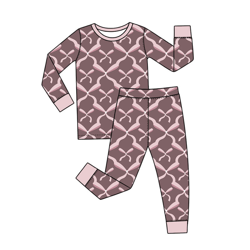 Preorder (moq 5) Baby Girl Clothes Brown Base Pink Bow Geometric Print Long Sleeve Top Pants Pajama Outfit Set