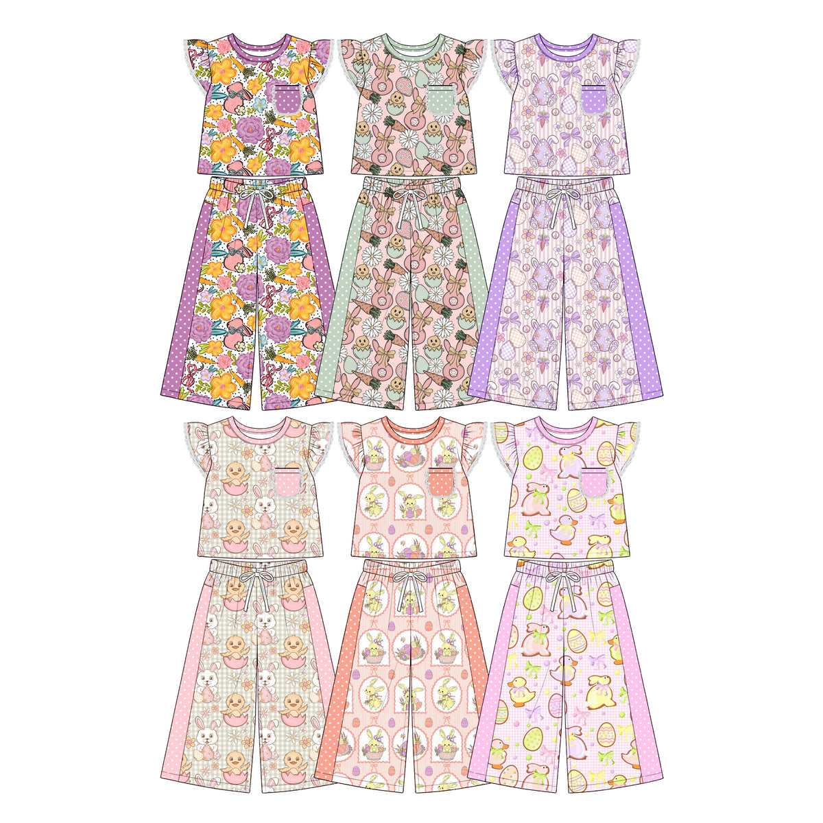 Preorder (moq 5) Baby Girl Clothes Easter Bunny Egg Bow Stripe Print Short Flutter Sleeve Top Wide Leg Pants Outfit Set