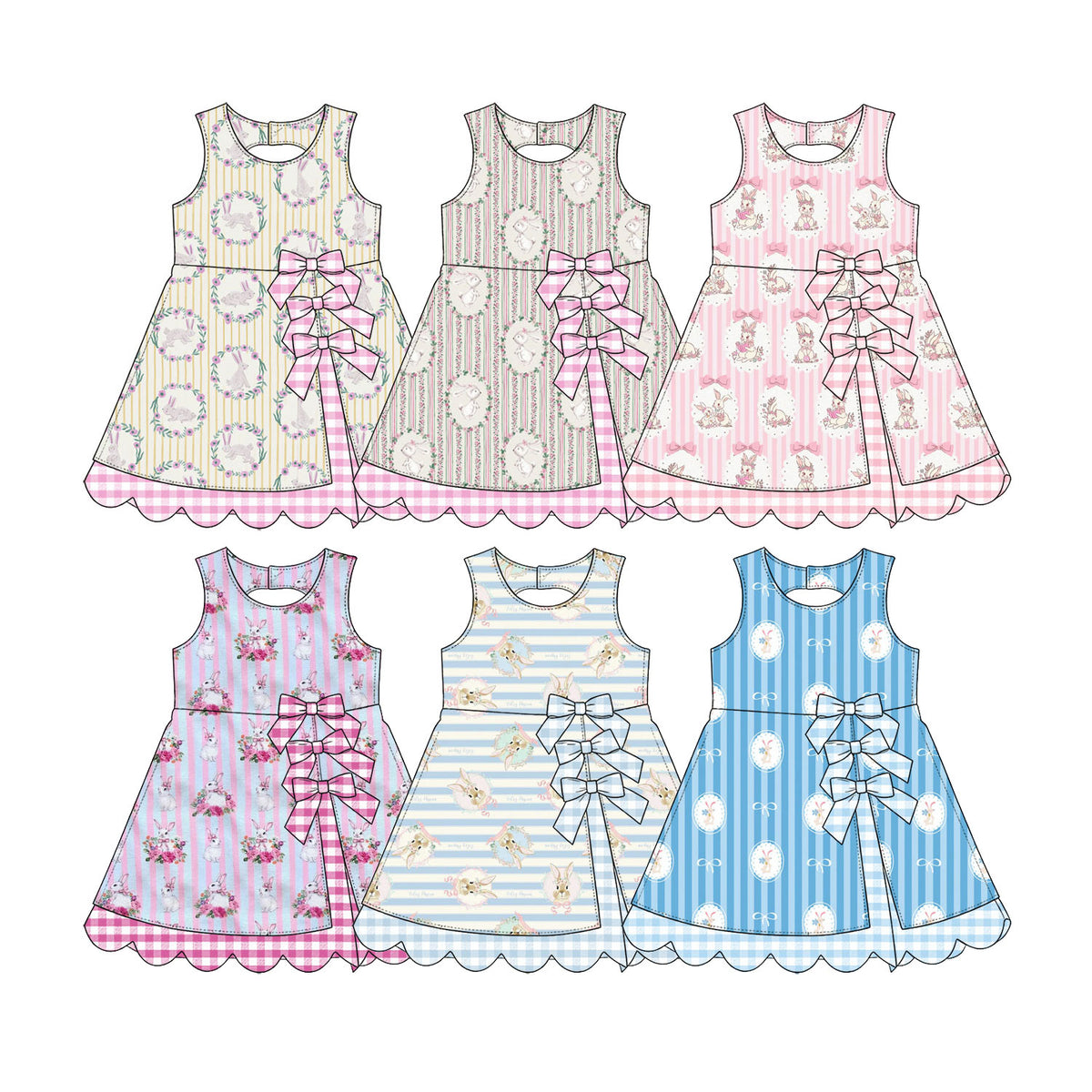 Preorder (moq 5) Baby Girl Clothes Easter Bunny Blue White Stripe Print Sleeveless Dress With Plaid Bow