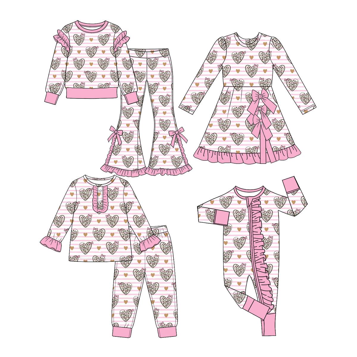 Preorder (moq 5) Baby Girl Clothes Pink Striped Leopard Heart Print Long Sleeve Bow Ruffle Dress