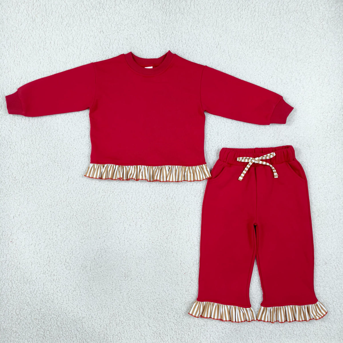 NO MOQ RTS GLP3644 Baby Girl Clothes Solid Red Striped Ruffle Trim Print Long Sleeve Pant Set 202610