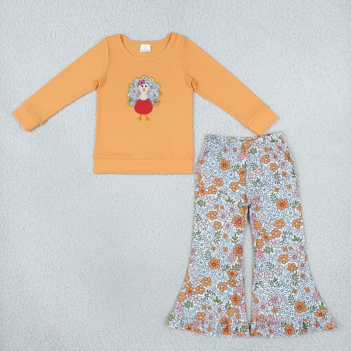 NO MOQ RTS GLP3563-embroidery Baby Girl Clothes Floral Turkey Applique Print Long Sleeve Top Flare Pant Set 202610