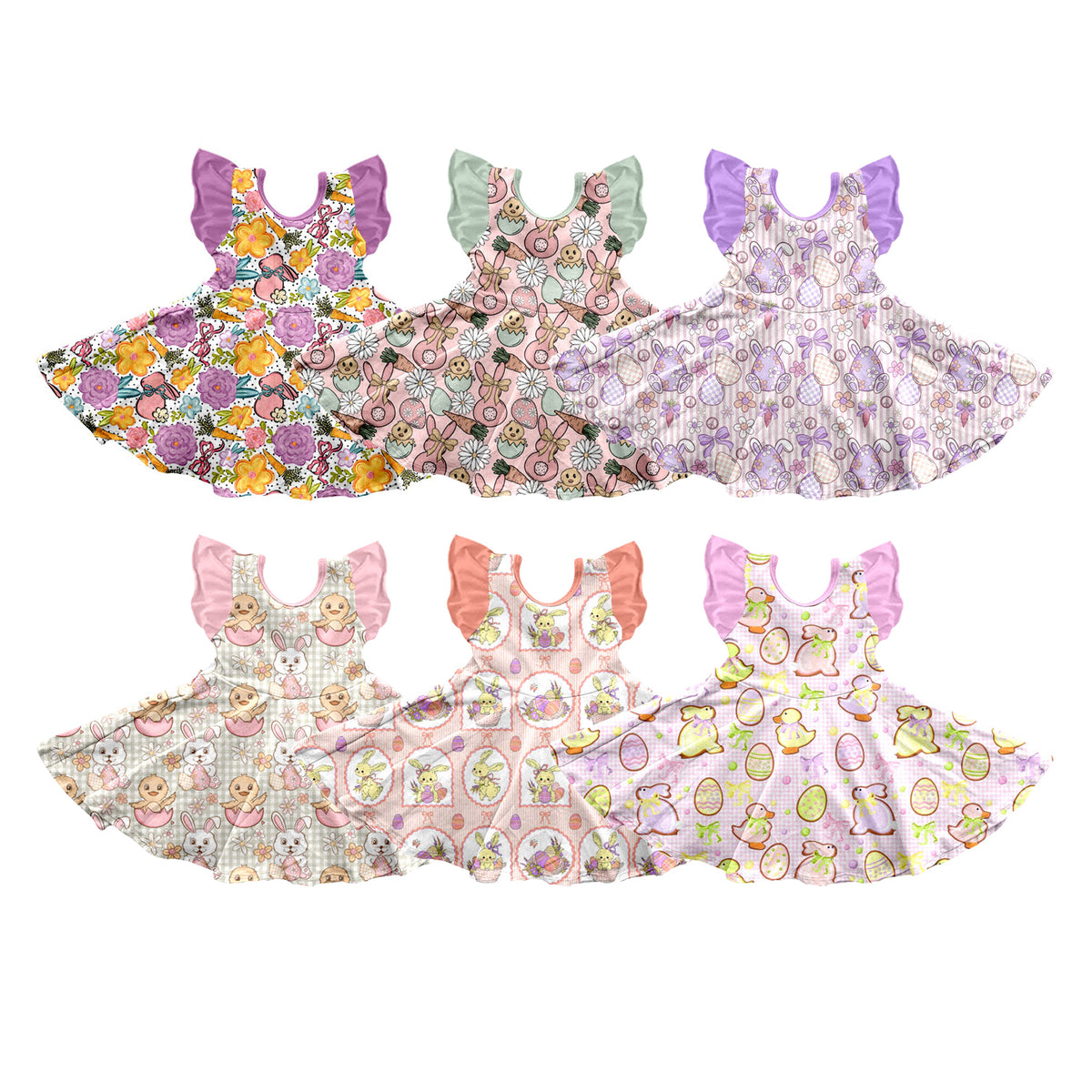Preorder (moq 5) Baby Girl Clothes Easter Bunny Chick Gingham Print Flutter Sleeve Twirl Dress
