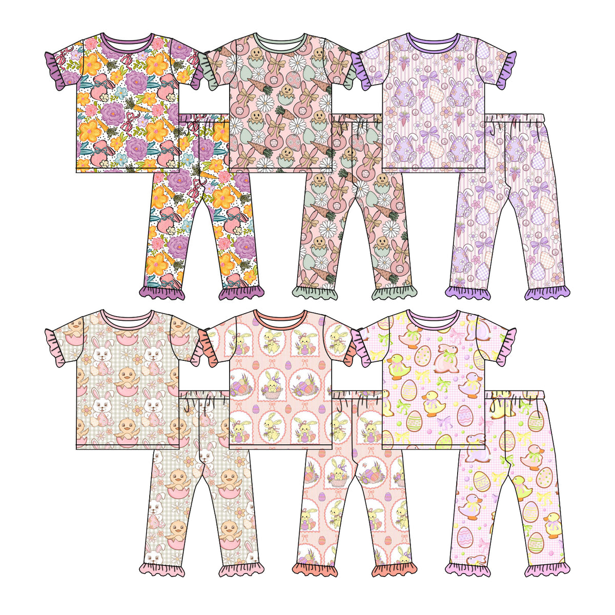 Preorder (moq 5) Baby Girl Clothes Easter Bunny Egg Bow Stripe Print Short Sleeve Ruffle Top Ruffle Long Pant Outfit Set