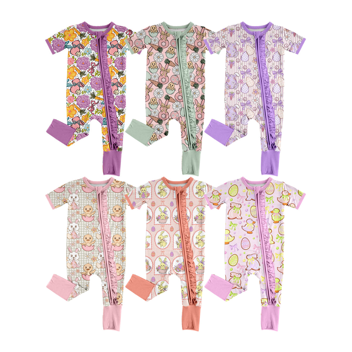Preorder (moq 5) Baby Girl Clothes Easter Bunny Chick Egg Daisy Print Short Sleeve Zipper Ruffle Baby Jumpsuit