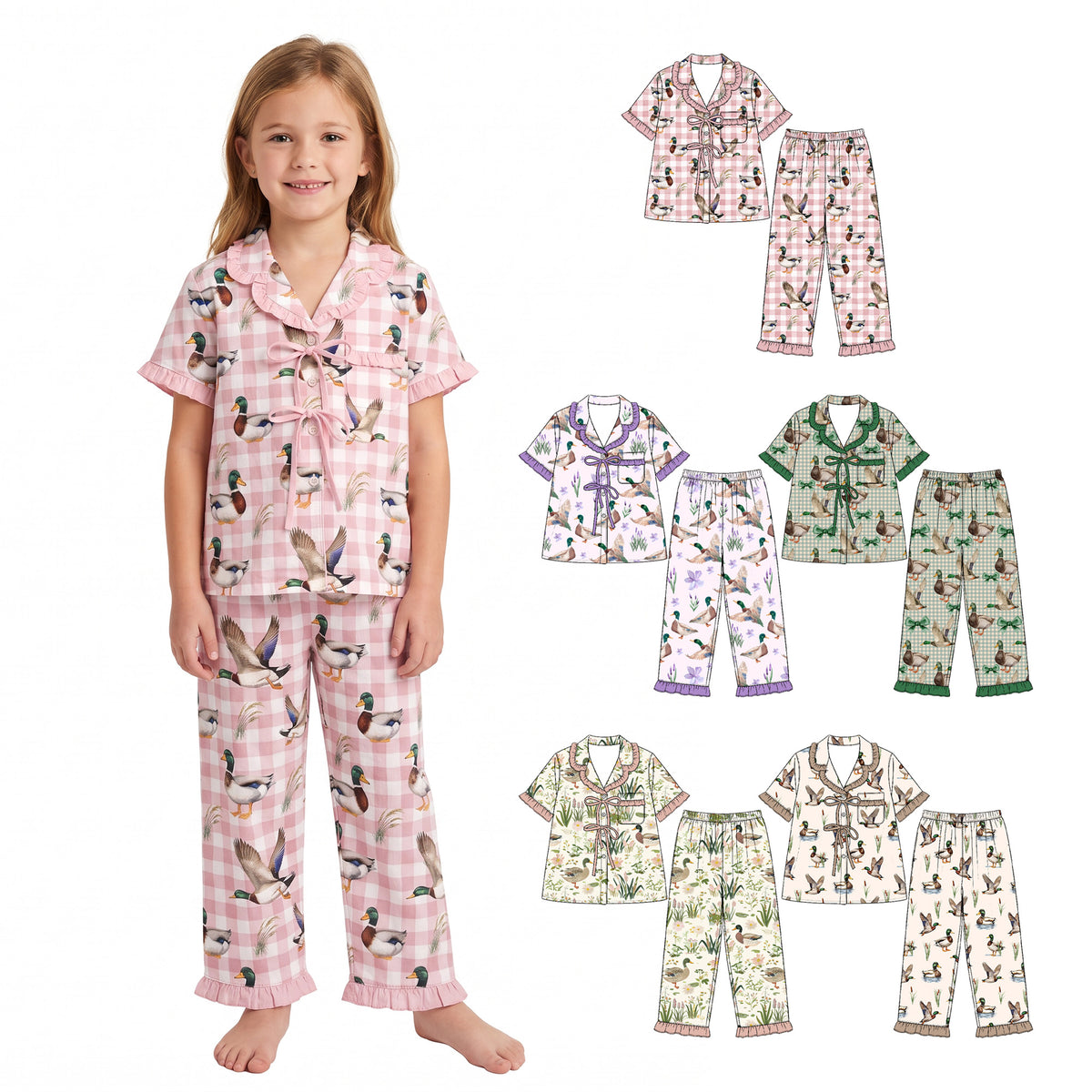 Preorder (moq 5) Baby Girl Clothes Mallard Duck Wildflower Print Short Sleeve Ruffle Pajama Set