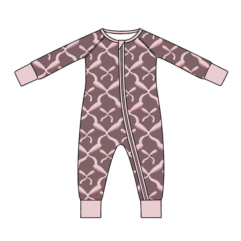 Preorder (moq 5) Baby Girl Clothes Brown Base Pink Bow Geometric Print Long Sleeve Zipper Baby Romper