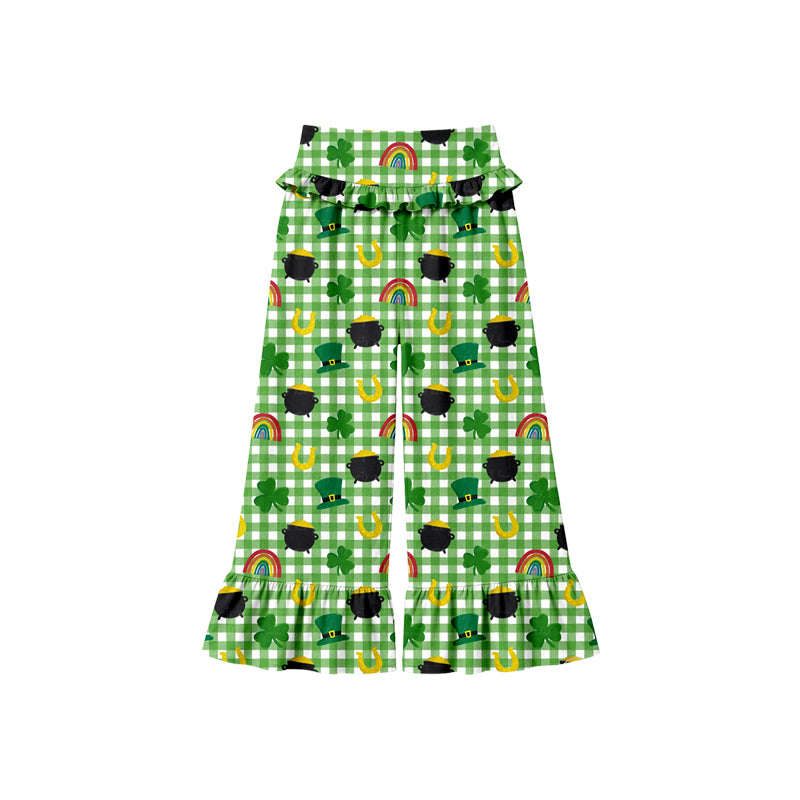 Preorder (moq 5) Baby Girl Clothes St Patricks Gnome Hat Pot Gold Check Print Ruffle High Waist Flare Pant