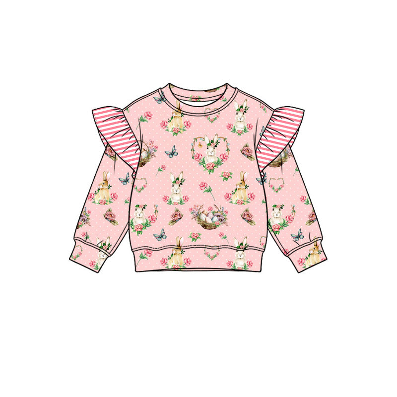 Preorder (moq 5) Baby Girl Clothes Easter Bunny Floral Butterfly Mixed Print Long Sleeve Ruffle Top