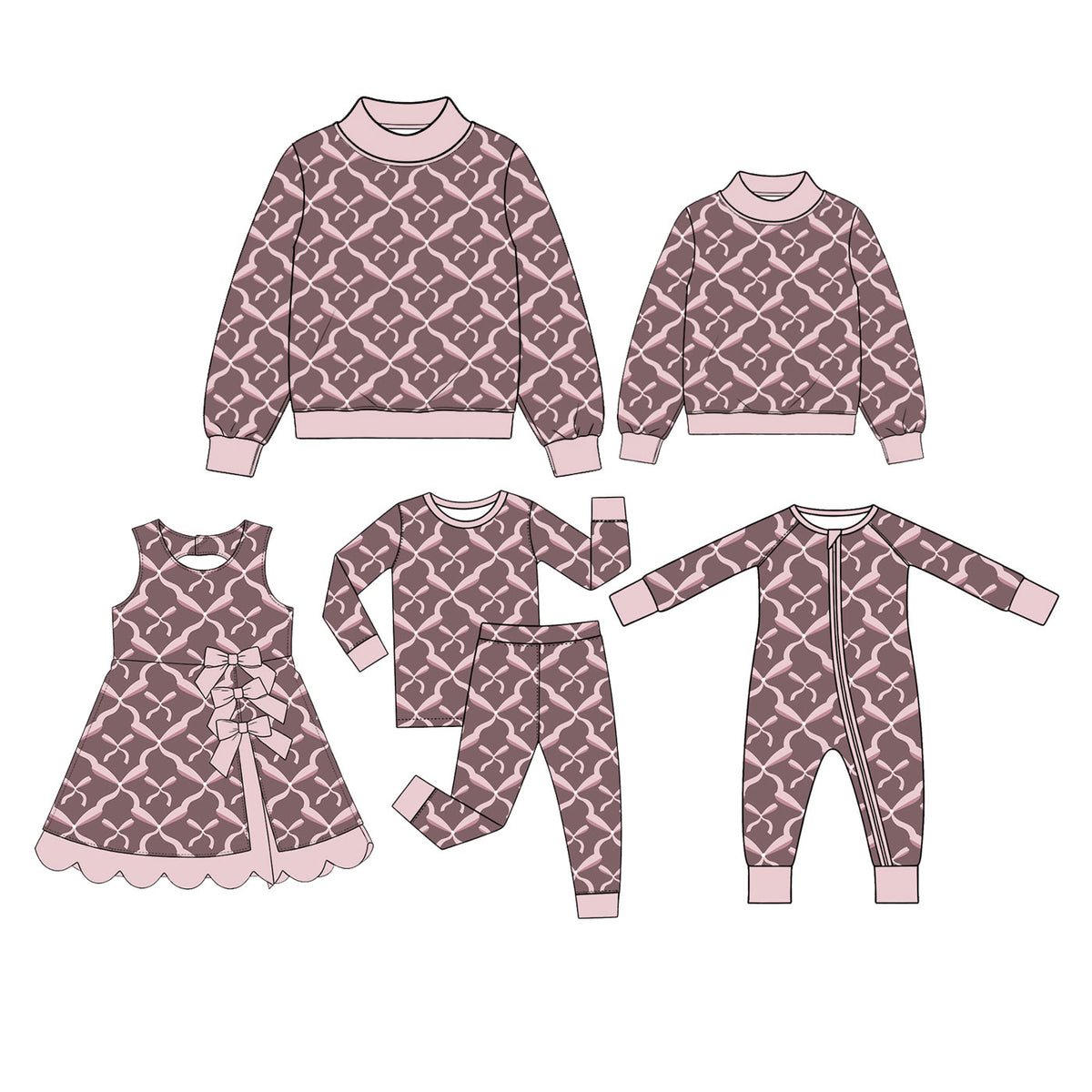 Preorder (moq 5) Baby Girl Clothes Brown Base Pink Bow Geometric Print Sleeveless Dress With Bows Scalloped Hem