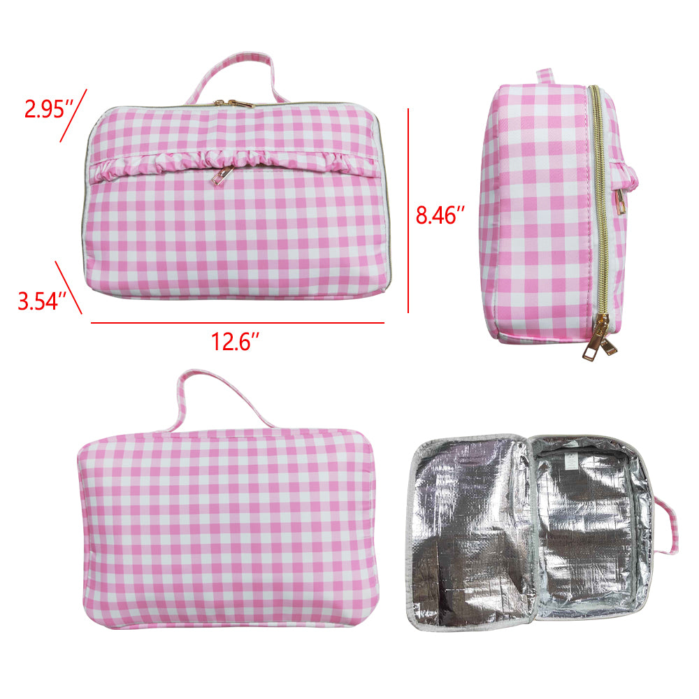 BA0089 western sibling RTS pink plaid meal box bag Lunch box  202407 bag  3.54 *8.45*12.6*2.95 inches