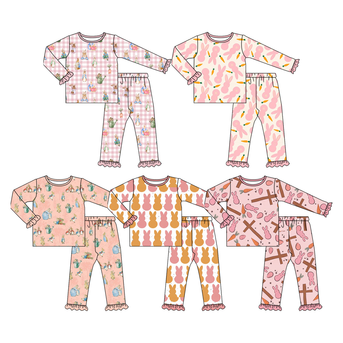 Preorder (moq 5) Baby Girl Clothes Easter Boho Bunny Silhouette Print Ruffle Long Sleeve Pajama Set
