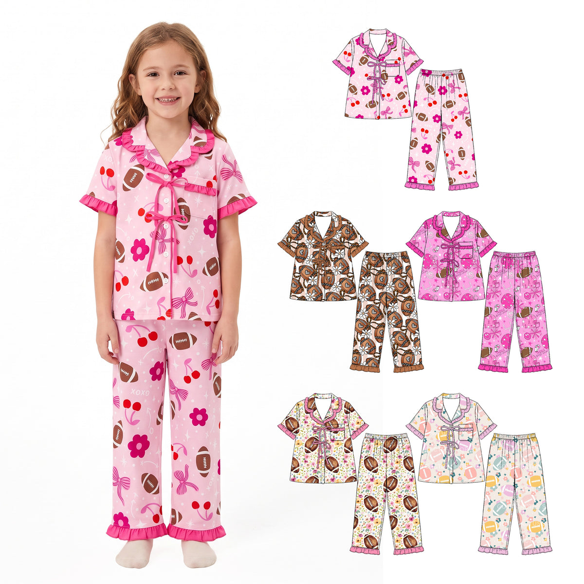 Preorder (moq 5) Baby Girl Clothes Pink Football Smile Star Sport Print Short Sleeve Ruffle Pajama Set