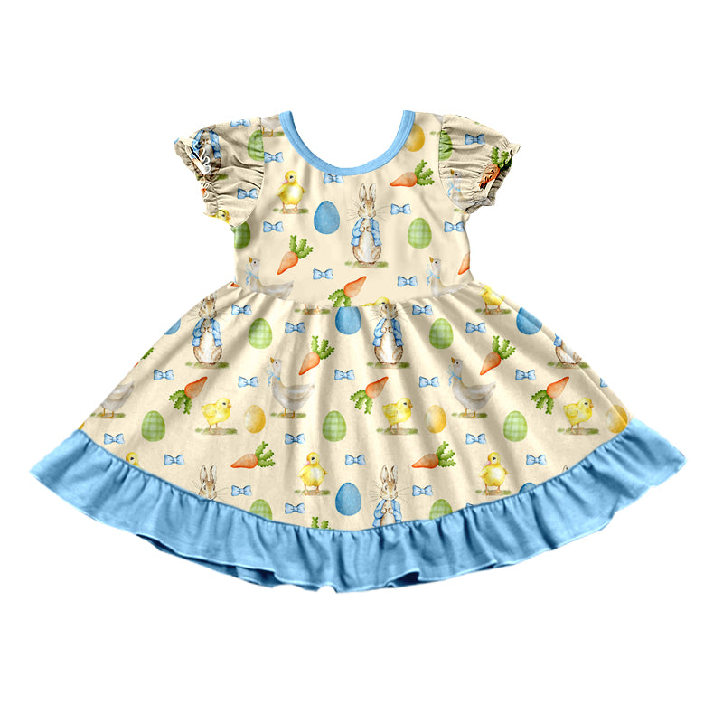 Preorder (moq 5) Baby Girl Clothes Easter Bunny Duck Chick Egg Allover Print Short Flutter Sleeve Ruffle Twirl Dress