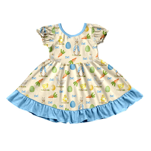 Preorder (moq 5) Baby Girl Clothes Easter Bunny Duck Chick Egg Allover Print Short Flutter Sleeve Ruffle Twirl Dress