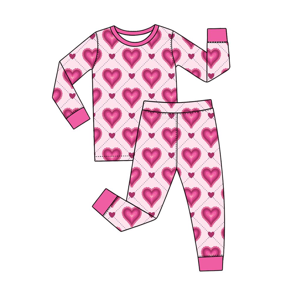 Preorder (moq 5) Baby Girl Clothes Valentine Diamond Layered Heart Print Long Sleeve Pajama Set