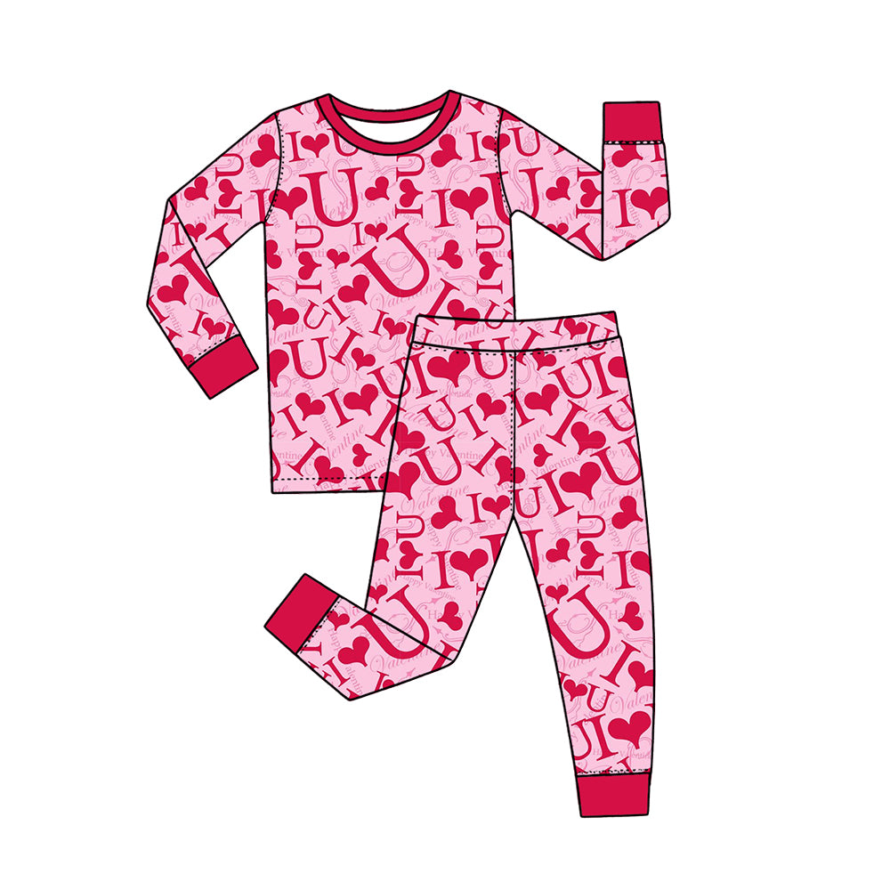 Preorder (moq 5) Baby Girl Clothes Valentines I Love U Letter Heart Print Long Sleeve Pajama Set