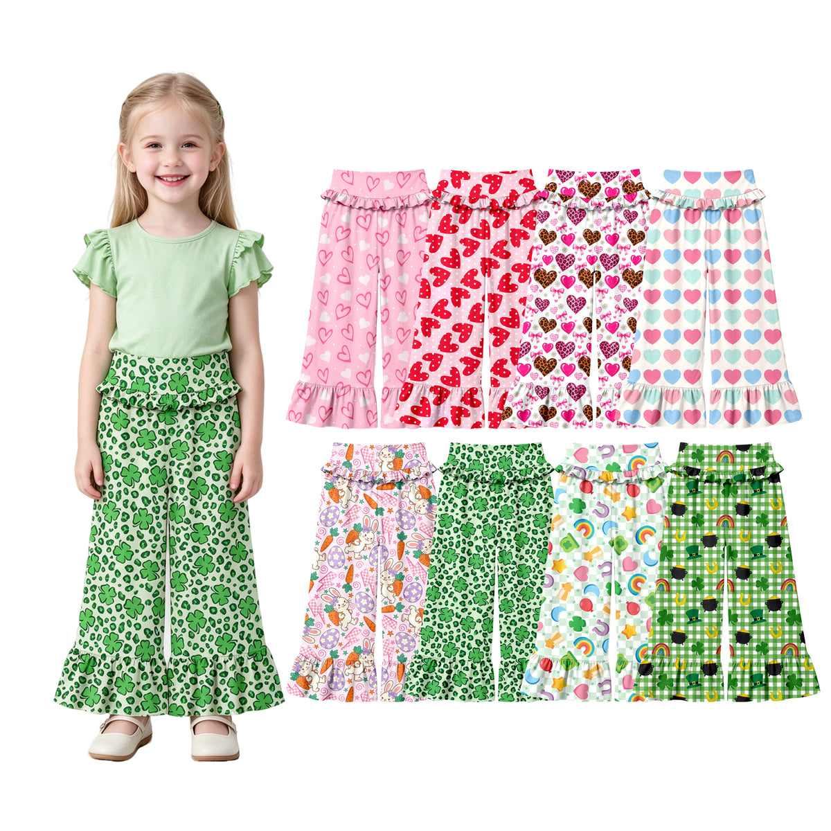 Preorder (moq 5) Baby Girl Clothes St Patricks Green Clover Leopard Print Ruffle High Waist Flare Pant