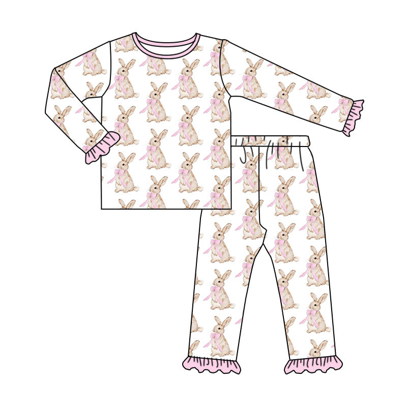 Preorder (moq 5) Baby Girl Clothes Pink Bow Bunny Allover Print Long Sleeve Ruffle Cuff Pajama Set