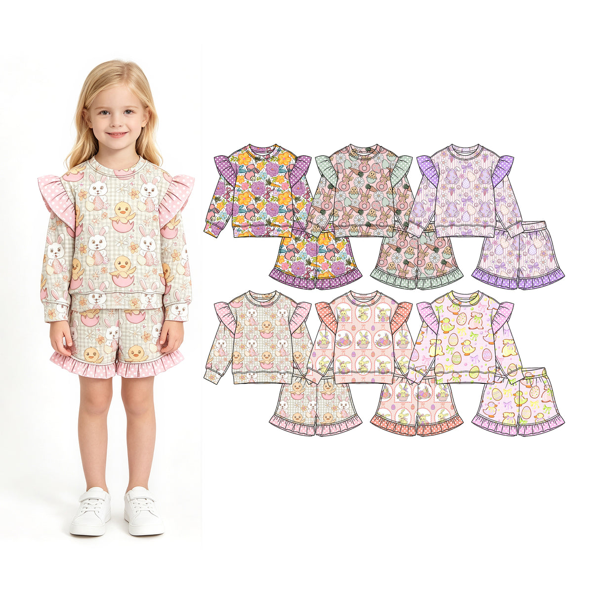 Preorder (moq 5) Baby Girl Clothes Easter Bunny Duck Egg Gingham Print Long Sleeve Ruffle Top Ruffle Shorts Outfit Set