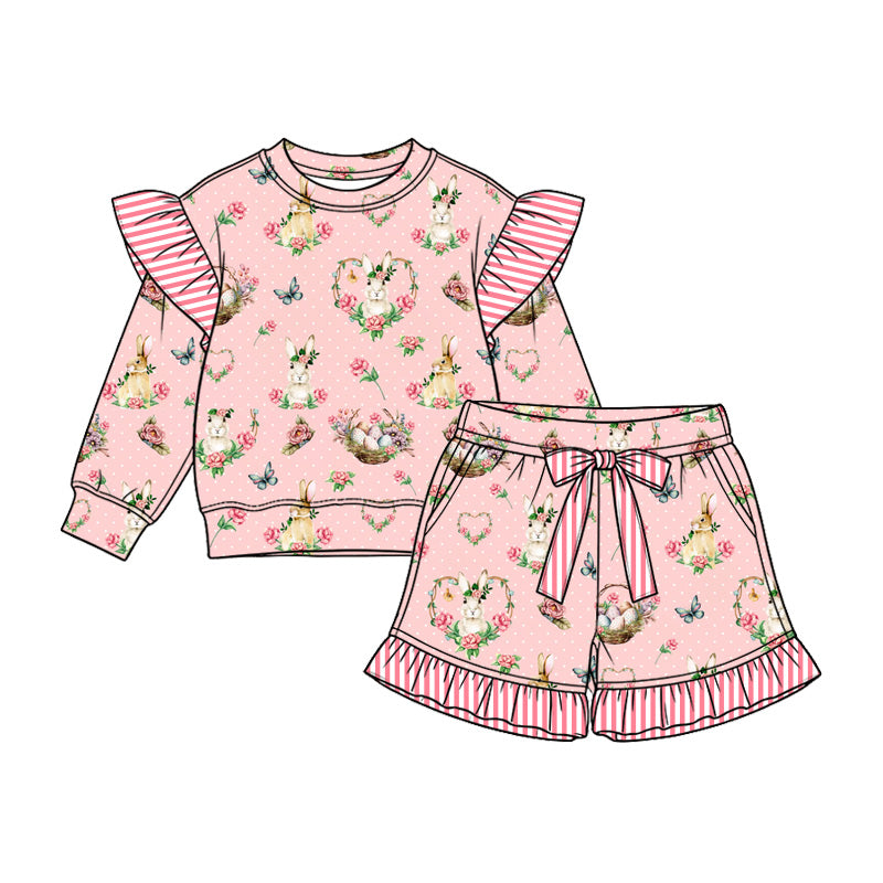 Preorder (moq 5) Baby Girl Clothes Easter Bunny Floral Butterfly Mixed Print Long Sleeve Ruffle Top Shorts Set