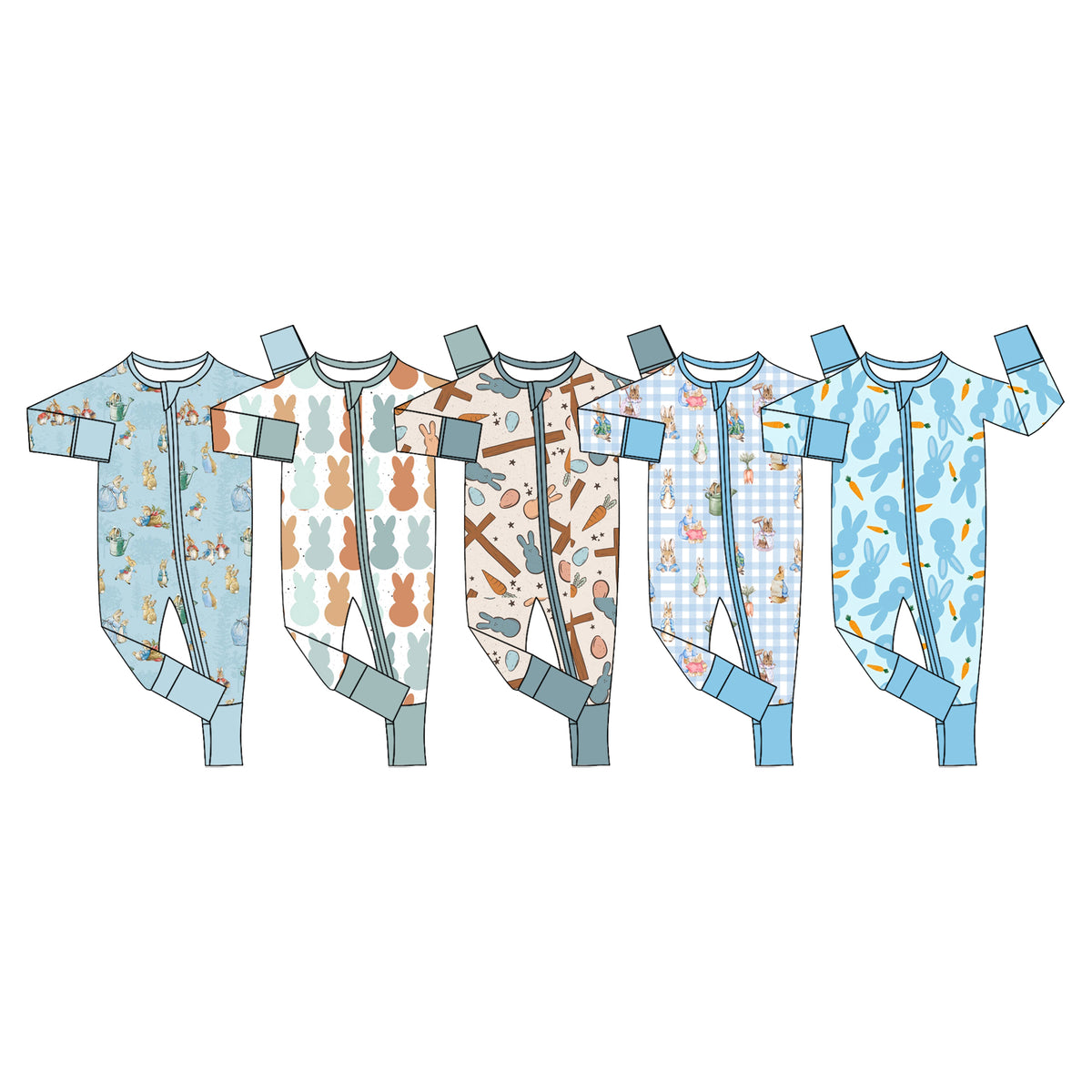 Preorder (moq 5) Baby Boy Clothes Easter Light Blue Bunny Carrot Silhouette Print Long Sleeve Zipper Romper