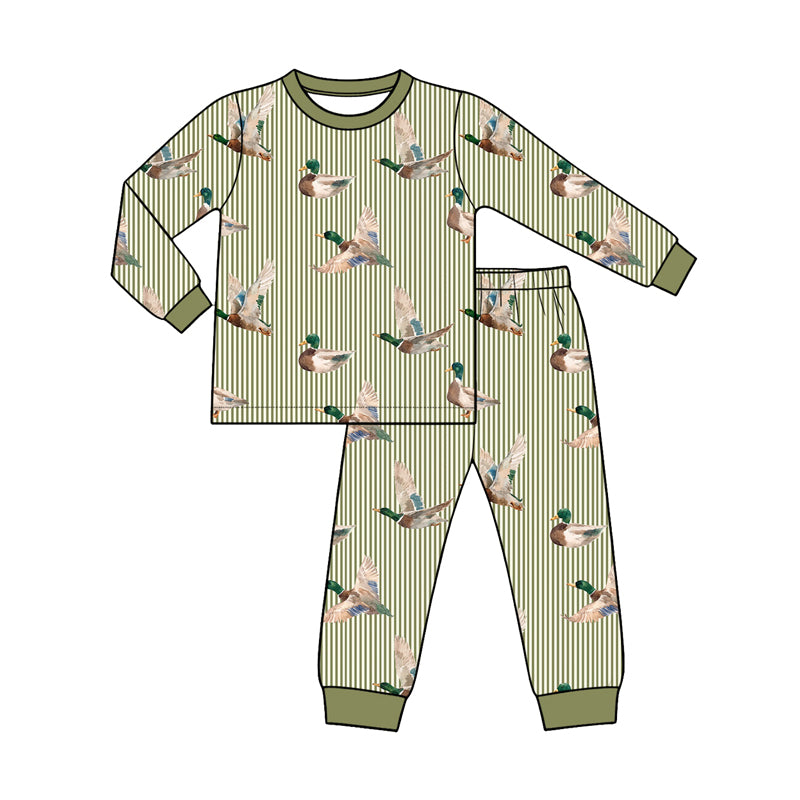 Preorder (moq 5) Baby Girl Clothes Mallard Duck Stripe Print Long Sleeve Cuff Pajama Set