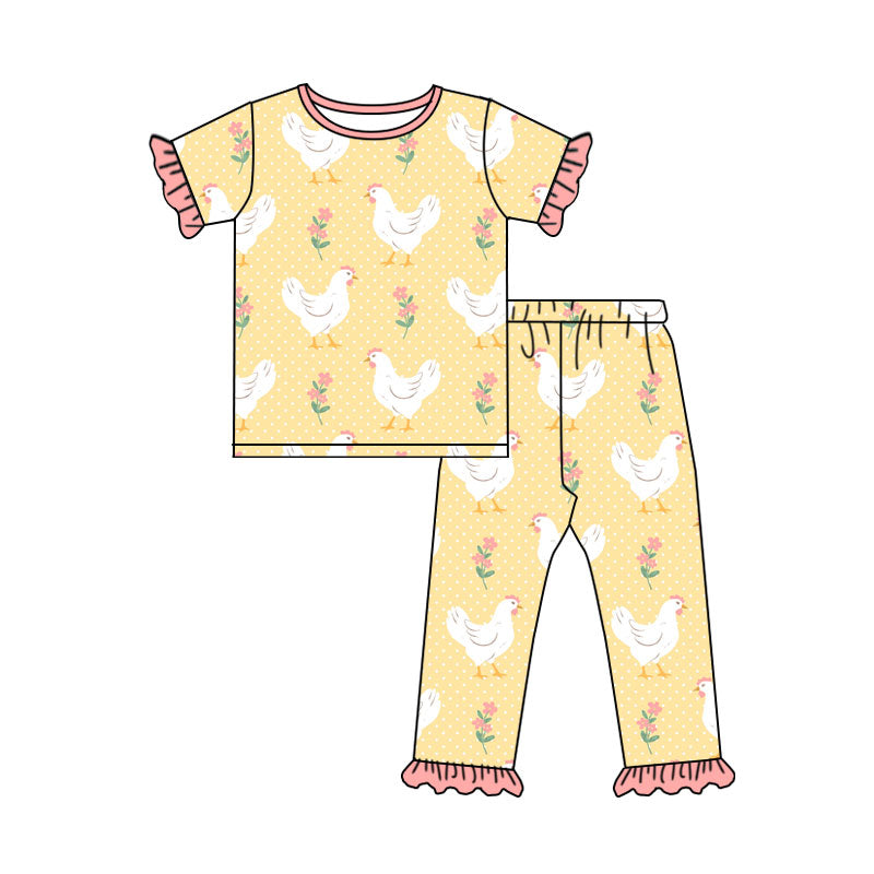 Preorder (moq 5) Baby Girl Clothes Farm Chicken Floral Dot Print Short Sleeve Ruffle Top Ruffle Pant Set