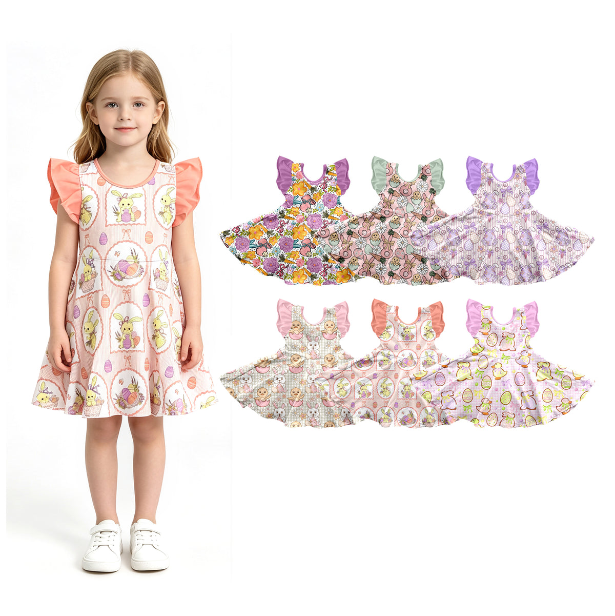 Preorder (moq 5) Baby Girl Clothes Easter Bunny Chick Gingham Print Flutter Sleeve Twirl Dress