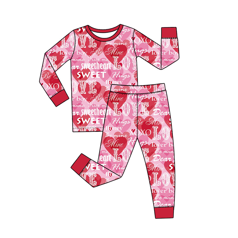 Preorder (moq 5) Baby Girl Clothes Valentines Sweetheart Love Word Print Long Sleeve Pajama Set