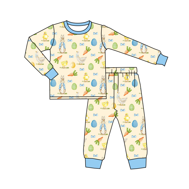 Preorder (moq 5) Baby Boy Clothes Easter Bunny Chick Egg Allover Print Long Sleeve Jogger Pajama Set