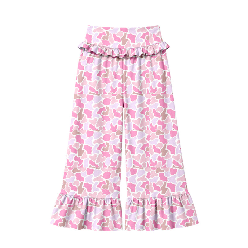 Preorder (moq 5) Women Clothes Pastel Pink Camo Print Ruffle High Waist Flare Pant