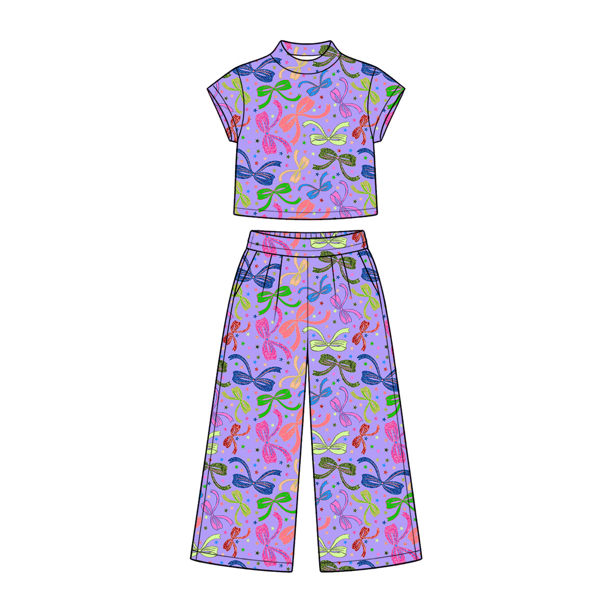 Preorder (moq 5) Baby Girl Clothes Colorful Glitter Bow Star Allover Print Short Sleeve Mock Neck Crop Top Wide Leg Pants Set