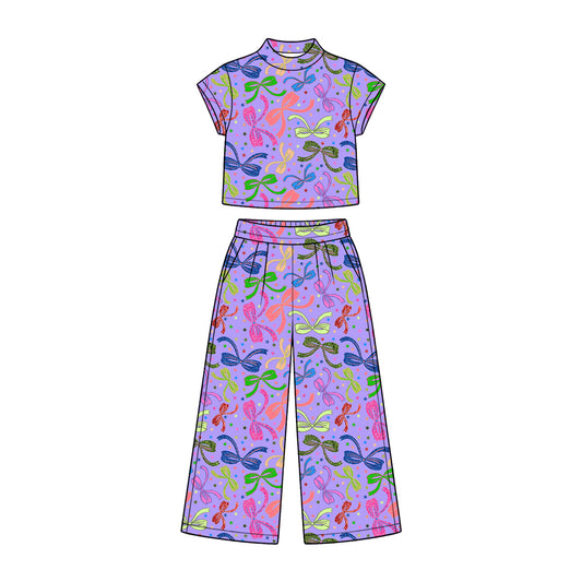 Preorder (moq 5) Baby Girl Clothes Colorful Glitter Bow Star Allover Print Short Sleeve Mock Neck Crop Top Wide Leg Pants Set