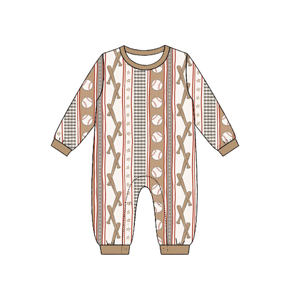 Preorder (moq 5) Baby Boy Clothes Baseball Bat Plaid Stripe Print Long Sleeve Jumpsuit